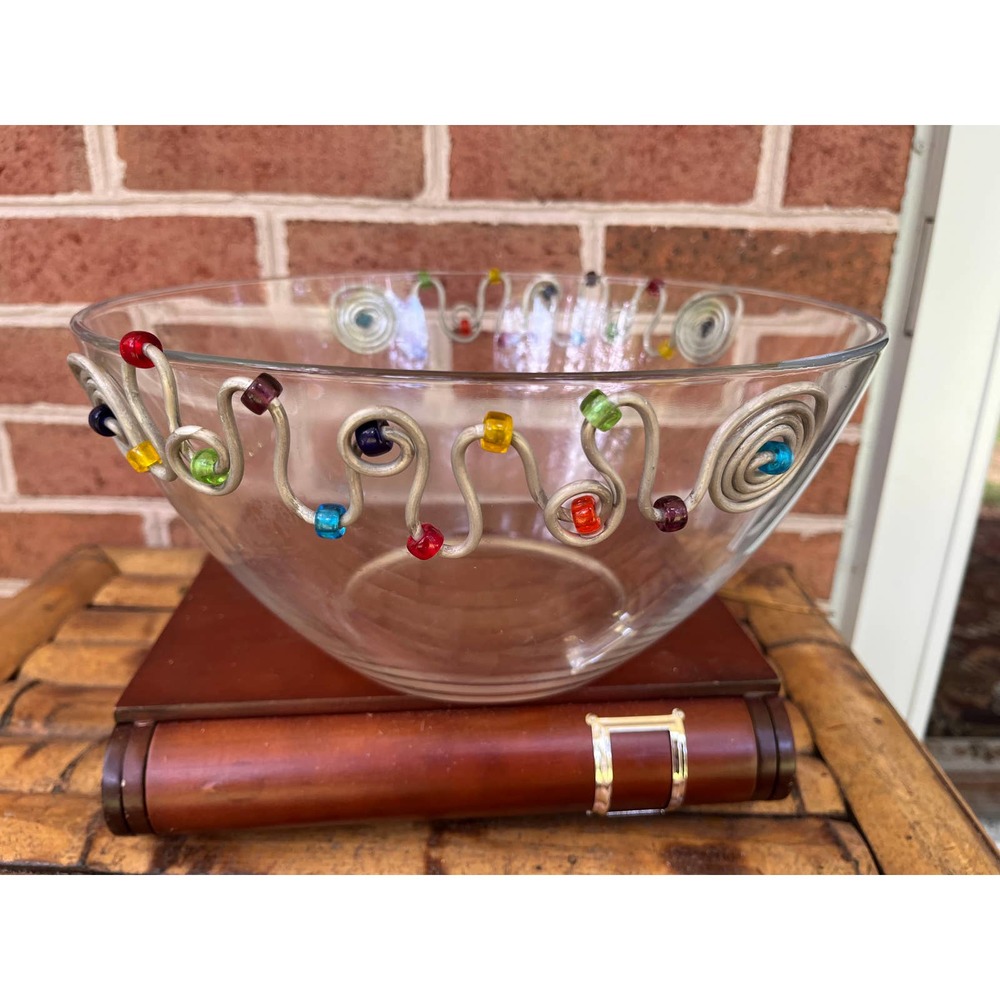 Vintage Adcraft Glass Bowl w/ Applied Stainless Steel Wire Wrapped Beads Boho